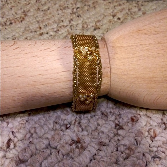 Goldette VINTAGE Pearls Mesh gold BRACELET 7 1/2” - Picture 3 of 7